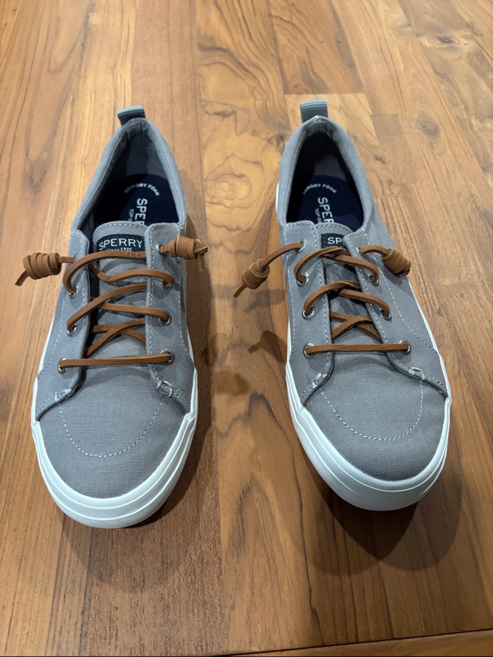 Sperry Women’s Gray Canvas Boat Sneakers with Tan Laces